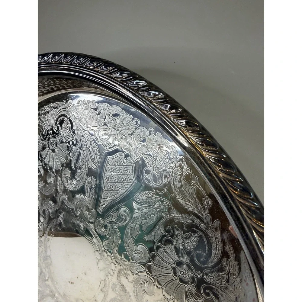 Silverplate Tray/ Scroll Etching Raised Rim Pierced Design 15.8